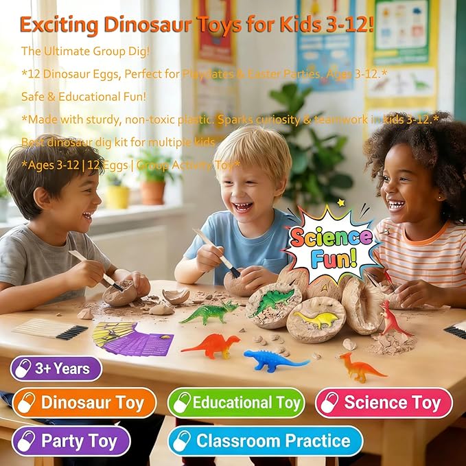 Easter Dino Eggs Dig Kit, 12 Pack Dinosaur Eggs Excavation Science Experiments Kits for Kids 4-12, Easter Basket/Stocking Stuffers, Toys for 3+ 4 5 6 7 8 9 10 Year Old Boys Girl