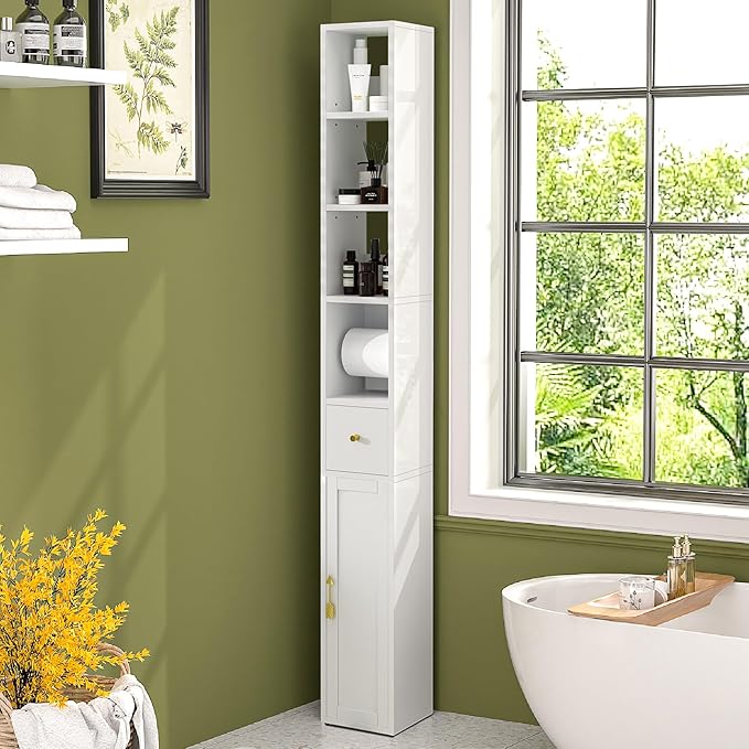VECELO Tall Narrow Storage Cabinet with 3 Adjustable Shelves, Slim Freestanding Bathroom Cabinet with Toilet Paper Holder, Magnetic Door & Drawer, for Small Spaces, 7.9" D x 7.9" W x 67" H, White