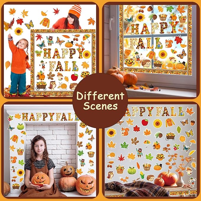 80 Pcs Happy Fall Cutouts for Bulletin Board Decor Set with Border - Fall Thanksgiving Paper Cut-Outs Autumn Themed Maple Leaves Pumpkin Wall Decals for Kids Teacher Supplies Classroom School