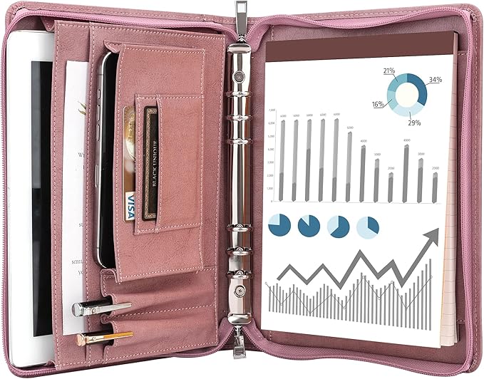 KISSKI A5 Planner Binder Padfolio for Women, Small 6 Ring Resume Folders for Interview, Vegan Leather Portfolio Organizer Folio with Zipper and 1pc A5 Notepad, Business Card/Pen Holder, Gifts, Pink
