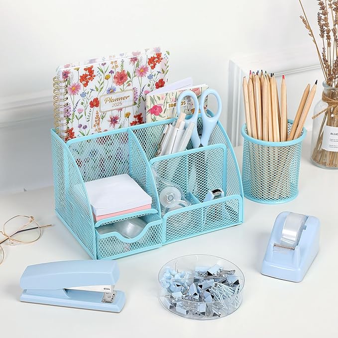 SKYDUE Blue Office Supplies Set, Office Desk Accessories, Mesh Desk Organizer, Stapler, Tape Dispenser, Scissors, Binder/Paper Clips and 1000pcs Staples, Office Supplies for Teacher