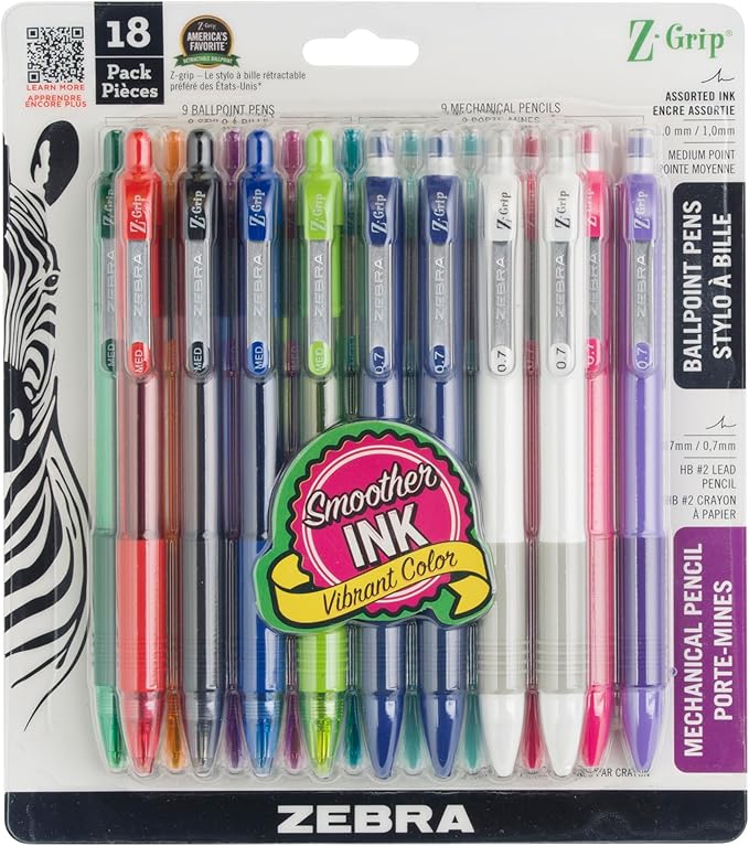 Zebra Pen Z-Grip Writing Set, Retractable Medium Point Ballpoint Pen and Mechanical Pencil, #2 HD Lead Pencils, Assorted Ink Colors, School Supplies, Ideal for Note-Taking, 18-Pack (23618)