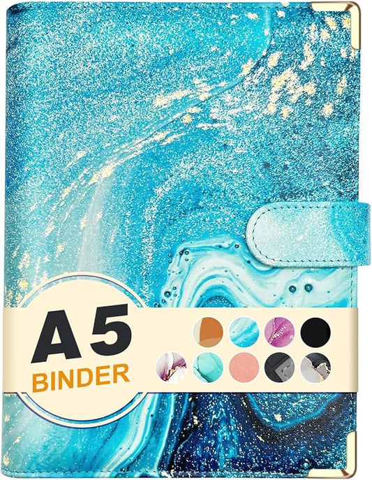 A5 Refillable 6 Ring Faux Leather Budget Binder,Mini Notebook Binder Cover for A5 Filler Paper,Loose Leaf Personal Planner Cover with Magnetic Buckle Closure(Marble Blue)