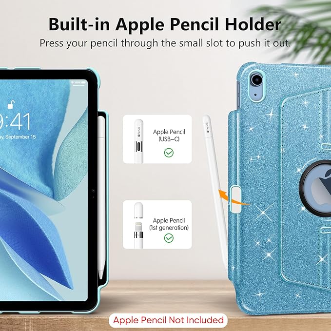 Fintie Rotating Case for iPad (A16) 11th Generation 11 Inch (2025), iPad 10th Generation 10.9 Inch (2022) - [Built-in Pencil Holder] 360 Degree Rotating Protective Stand Cover, Glittering Blue