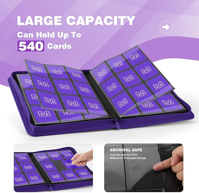 Trading Card Binder with 9 Side Loading Pocket Card Album Hold Up to 540 Cards PU Card Collection Binder, Collectible Albums Card Folder for MTG, TCG, Sports Cards（9-Purple）