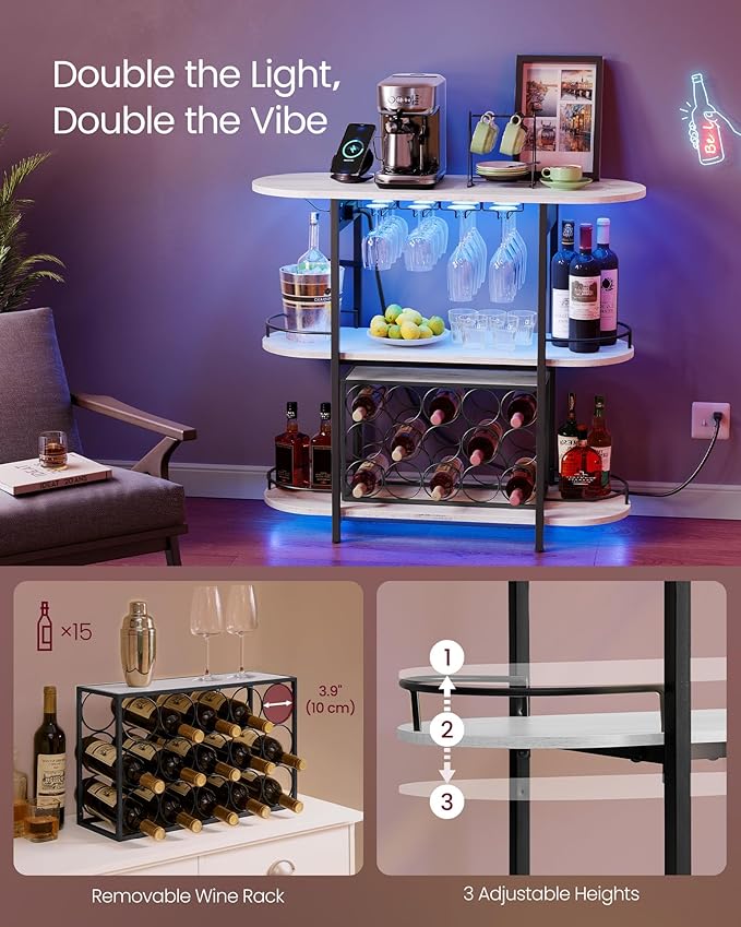 VASAGLE Bar Cabinets for Home, LED Coffee Bar with Power Outlets, Home Mini Bar for Liquor, Freestanding Wine Rack with Glass Holder, Kitchen, Dining Room, Rustic White ULWR007W01