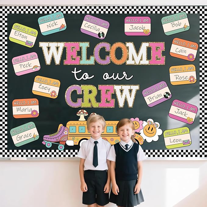 Welcome Back to School Bulletin Board Decorations Set, Groovy Classroom Decor Retro Welcome to Our Crew Classroom Decor Colorful Cutouts for Back to School Teachers Supplies Classroom Wall Door Decor
