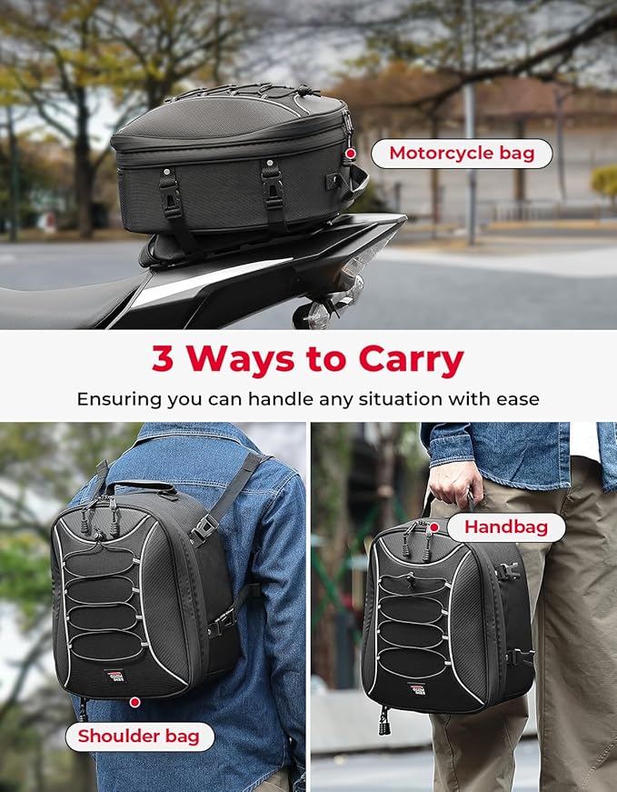 KEMIMOTO Motorcycle Tail Bag, Dual Use Motorcycle Rear Seat Bag with Waterproof Rain Cover, 22L-34L Expandable Motorbike Helmet Bag Luggage Storage Backpack with 6 straps