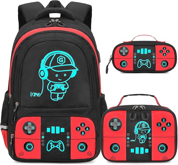 Bevalsa Backpack for School Boys, Cool Luminous Gamer Boys Backpack with Lunch Box & Pencil Pouch Set for Kids Children Teens Elementary Middle Schools, Schoolbag Bookbag Glow In The Dark (Red)