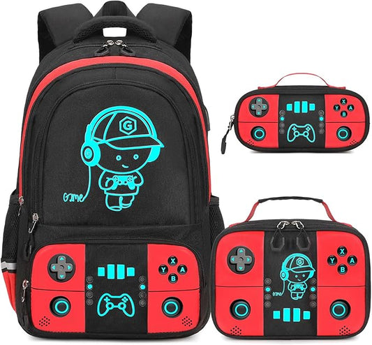 Bevalsa Backpack for School Boys, Cool Luminous Gamer Boys Backpack with Lunch Box & Pencil Pouch Set for Kids Children Teens Elementary Middle Schools, Schoolbag Bookbag Glow In The Dark (Red)