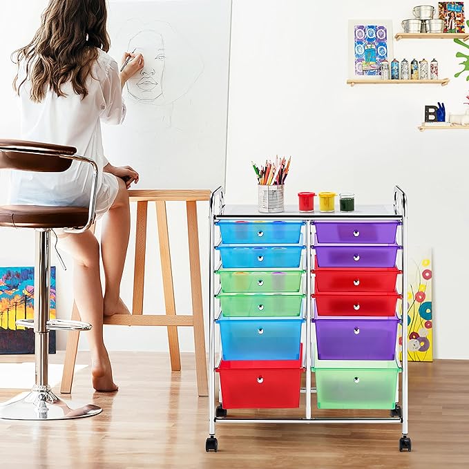 Yaheetech 12 Drawers Rolling Storage Cart Multipurpose Movable Organizer Cart Tools Scrapbook Paper Organizer on Wheels, Multicolor