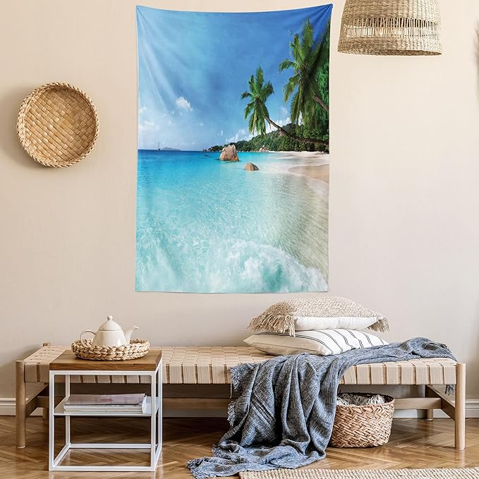 Ambesonne Ocean Tapestry, Anse Lazio Beach at Praslin Island Surfing Beach Scenic View Travel, Wall Hanging for Bedroom Living Room Dorm Decor, 40" X 60", Blue and Turquoise
