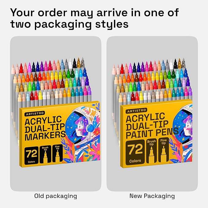 ARTISTRO 72 Acrylic Paint Markers - Paint Pens for Calligraphy, Brush + Fine Tips - For Fabric, Rock, Glass, Wood, DIY, Craft, Canvas - Art and Craft Supplies for Adults, Teens, Kids