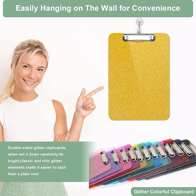 SFLHHDM Clear Glitter Clipboards, Plastic Clipboard with Pen Holder, Clip Boards 8.5x11 with Low Profile Clip, Cute Hanging Clip Board for Office School Supplies Sparkly Clipboard (Champagne Gold)