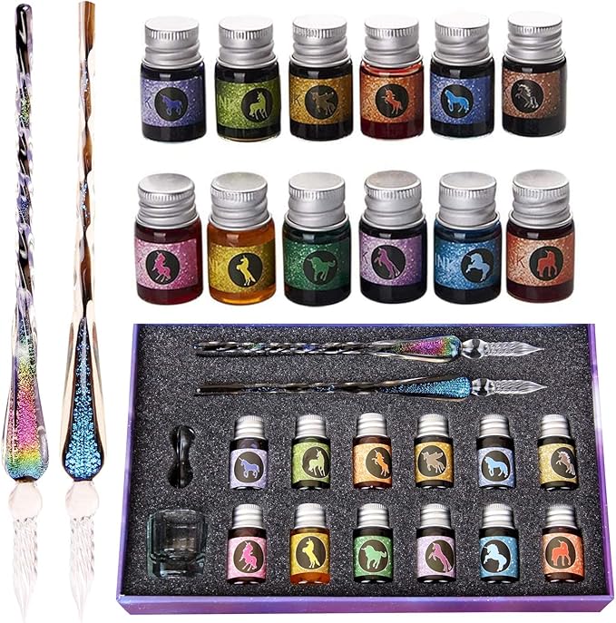 glass dip pen set,Calligraphy pens for beginners,ink pen, Writing, Signatures, Calligraphy, Decoration, Gift with two Art pen (Colorful)