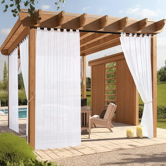 NICETOWN 2 Panels White Sheer Outdoor Curtains for Patio Waterproof, Tab Top Soft Airy Voile Sheer Indoor Outdoor Drapes with Light Filtering for Gazebo/Porch, W54 x L84