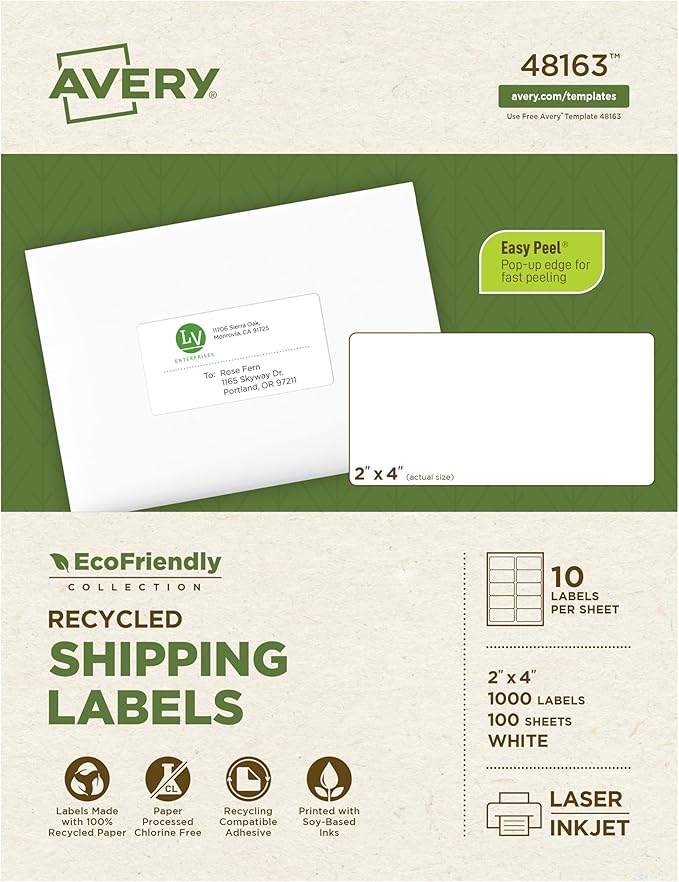 Avery EcoFriendly Recycled Shipping Labels, 2" x 4", White, Permanent Adhesive, Laser & Inkjet Printers, 1,000 Total, Great for Shipping and Mailing, Product Merchandising, and More (48163)