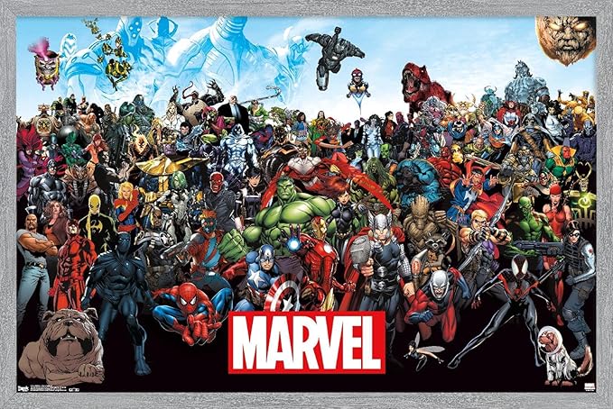 Marvel Comics The Marvel Lineup Wall Poster, 34L" x 22.4W", Gray Framed Version