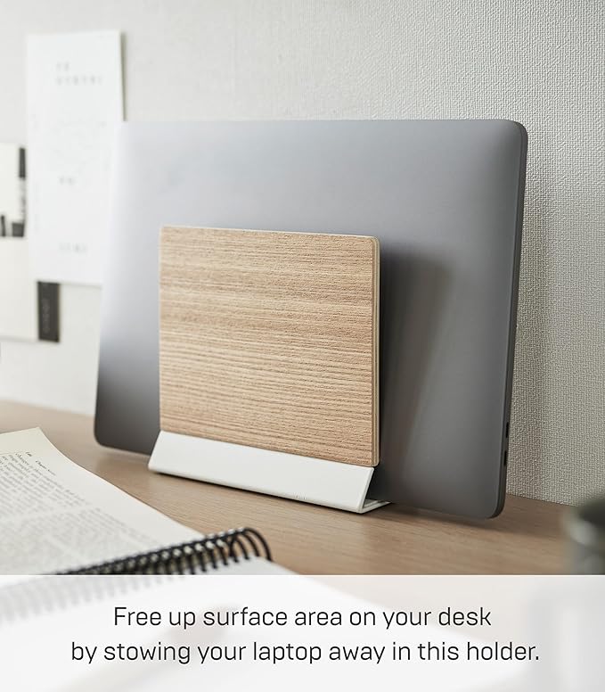 YAMAZAKI Home Rin Portable Laptop Holder Stand for Desk in Bedroom Or Office, Wooden Storage Station - Steel + Wood