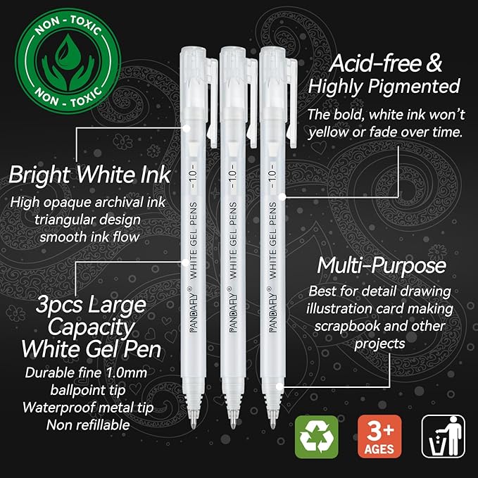 PANDAFLY White Gel Pens, 1mm Fine Point Opaque Archival Ink Pen for Journaling, Art, or Drawing - For Artist Gifts, Holiday Gifts & DIY Projects, 3 Pack