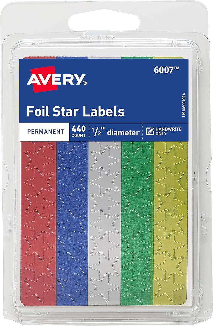 Avery Foil Star Labels, 1/2", Assorted Colors, Non-Printable, 440 Star Stickers Total (6007)