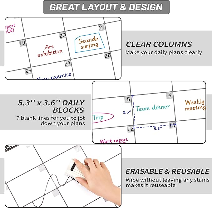 Large Dry Erase Calendar for Wall, Undated 1 Month Wall Calendar, 40" x 28" Erasable & Reusable Laminated Calendar, 10 Round Stickers, Great Layout Wall Calendar Monthly for Home Office School