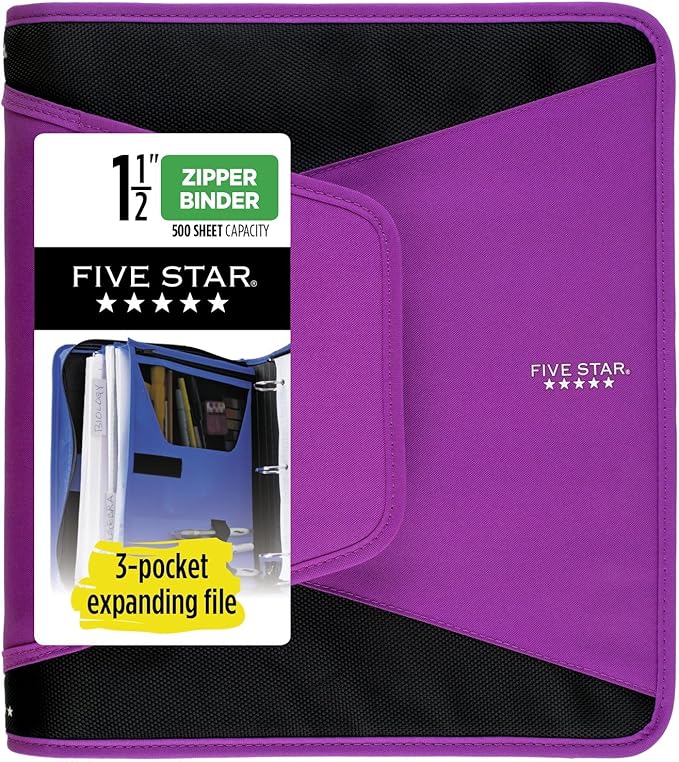 Five Star Zipper Binder, 1-1/2 Inch 3-Ring Binder for School, 3 Pocket Expanding File, 500 Sheet Capacity, Purple (72532)