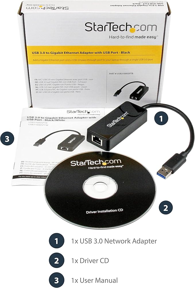 StarTech.com USB 3.0 Ethernet Adapter - USB 3.0 Network Adapter NIC with USB Port - USB to RJ45 - USB Passthrough (USB31000SPTB), Black, 0.7" x 1.4" x 5" x 5"