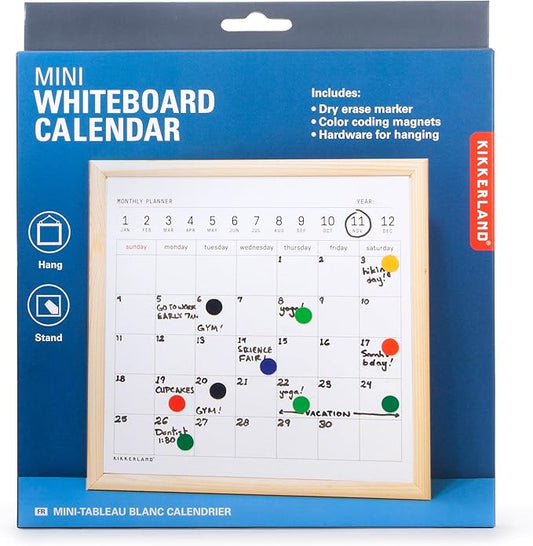 Kikkerland Mini White Dry Erase Board Calendar Black Dry Erase Marker, Small Mini White Board for Kids, Students, 8" x 8"