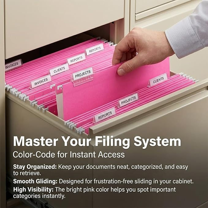 Pink Hanging File Folders,25 Packs Letter Size File Folder,Designed for Bulky Files,Filing Cabinet,1/5 Adjustable Tabs for Office,School,Home