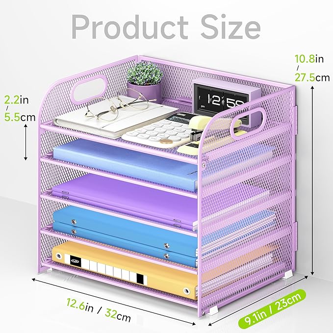 2 Pack 5 Tier Paper Organizer, Letter Tray with Handle, Mesh Desk Organizer, Metal File Organizer, Office Desk Accessories for Home, Office, Classroom, School -Purple