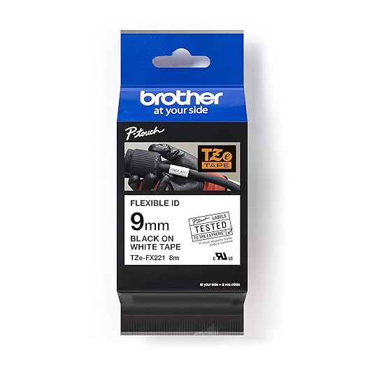 Brother Genuine TZEFX221 9mm (0.35in) Black Print on White P-Touch Flexible ID Laminated Label Tape