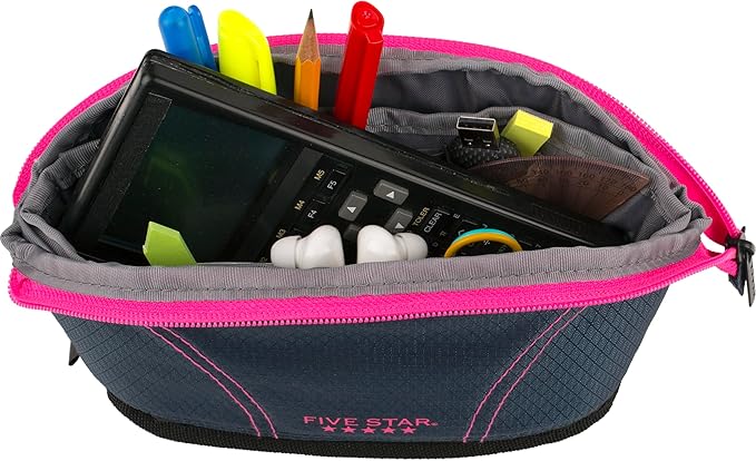 Five Star Pencil Pouch, Pen Case, Quick View Expandable Zipper Pouch, Storage Organizer for School Supplies Earbuds Chargers Cables Makeup, Navy/Pink (507610B-ECM)