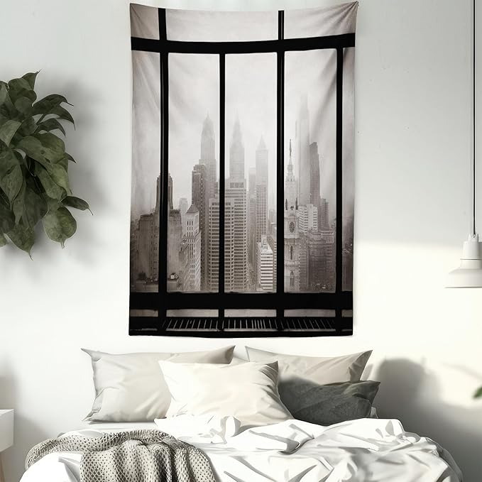 Ambesonne City Tapestry Queen Size, Philadelphia City Rooftop View Through Window Skyline Landmark Rooftop Travel, Wall Hanging Bedspread Bed Cover Wall Decor, 88" X 88", Grey Black