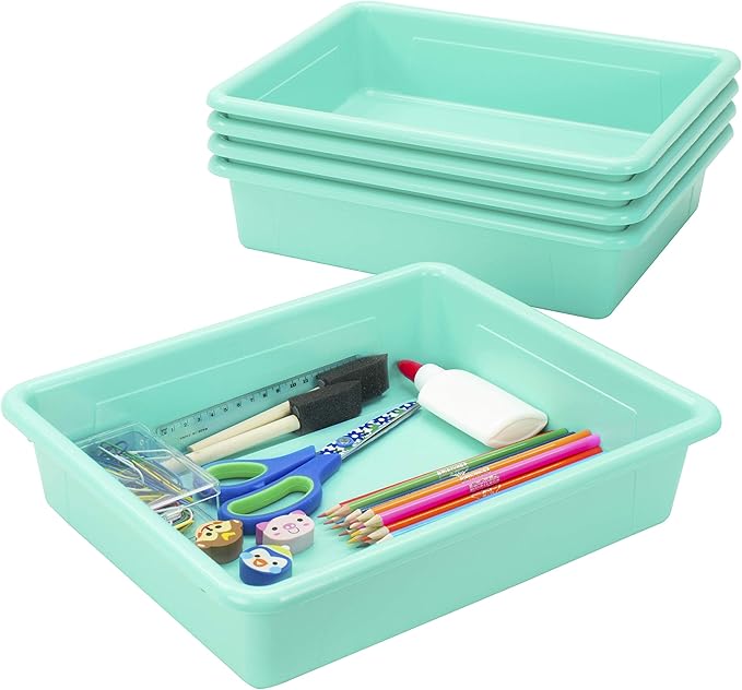 Storex Letter Size Flat Storage Tray – Organizer Bin with Non-Snap Lid for Classroom, Office and Home, Teal, 5-Pack (62541A05C)