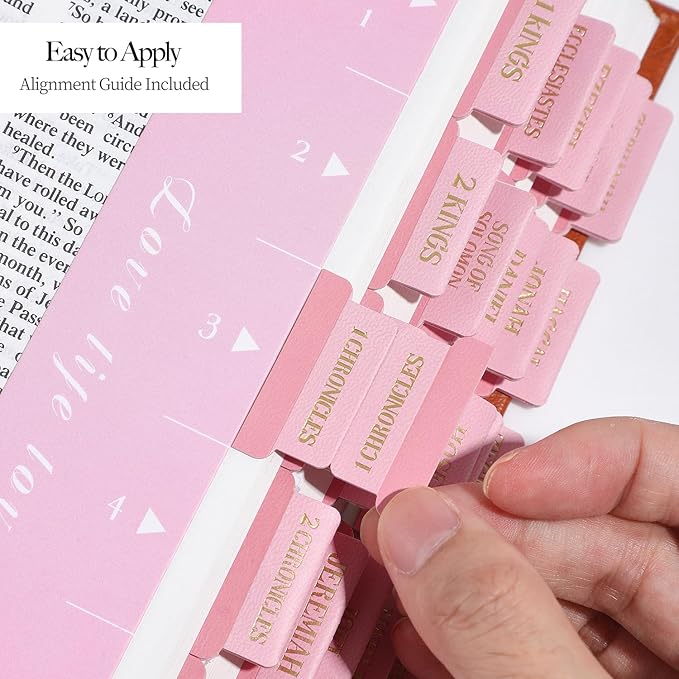 Leather Bible Tabs, Bible Tabs for Women and Men(Gold Foil Lettering) Large Print Stickers, Easy to Read and Apply, 66 Chapters & 14 Blank DIY Labels for Easy Navigation, Christian Accessories(Pink)