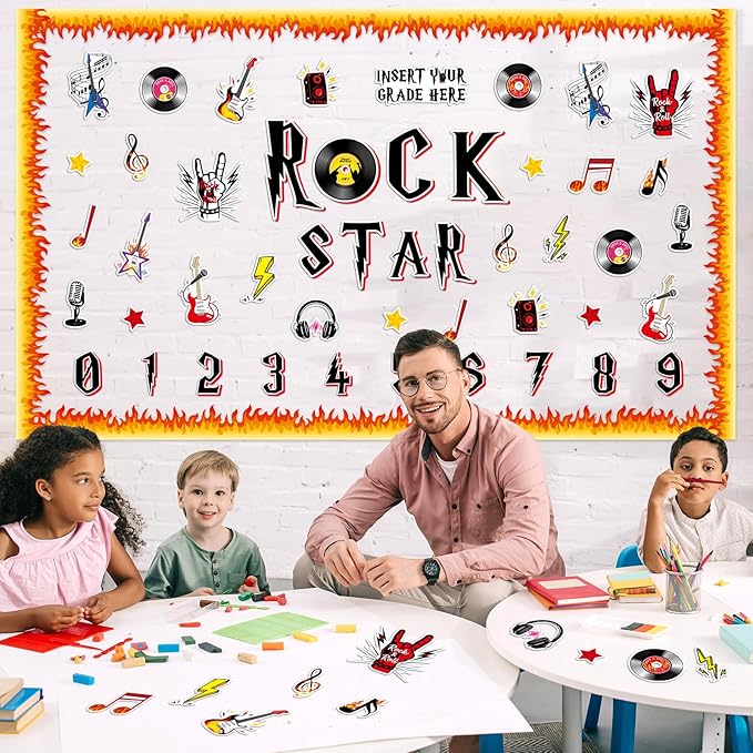 109 Pcs Music Bulletin Board Set Rocking Star Theme Classroom Decorations Disco Guitar Music Records Paper Cutouts for School Window Chalkboard Wall Door Decor Supplies