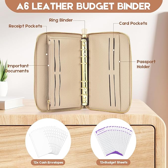 SEEKIND A6 Budget Binder, Money Saving Binder with Zipper Envelopes, PU Leather Wallet Budget Planner,Cash Envelopes and Expense Budget Sheets for Budgeting (Apricot)
