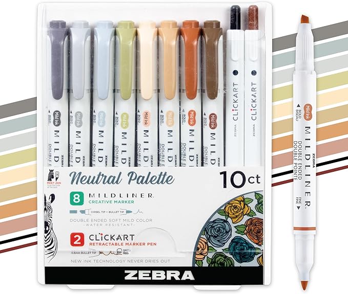 Zebra Pen Mildliner Dual-Tip Highlighters and 2 CLiCKART Markers, No Bleed, Ideal for Bible Highlighting, Journaling, Note-Taking and School Supplies, Neutral Vintage Ink Colors, 10-Pack (78601)
