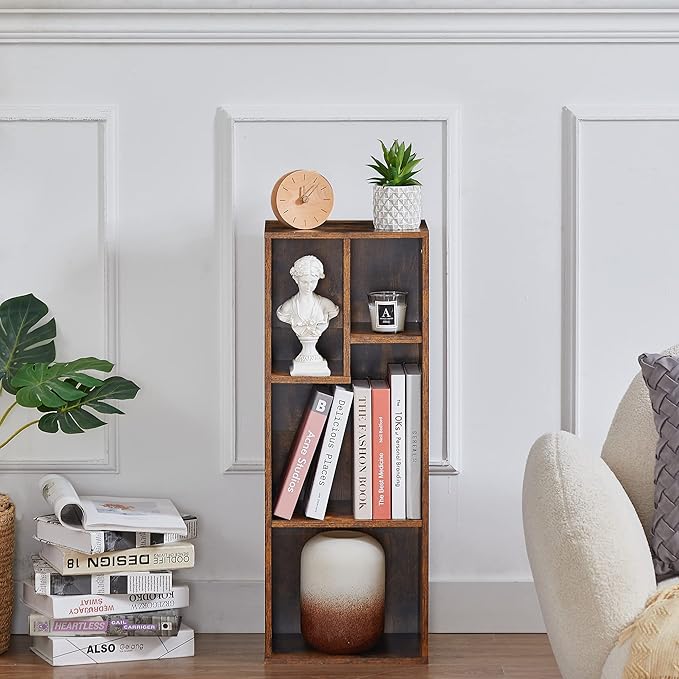 VECELO Small Bookshelf, 4 Cube Slim Bookcase, Fits Tallest Hardcovers, Horizontal Available, Modern Floor Standing Unit, Each Shelf Hold Up to 66 LBS,Brown