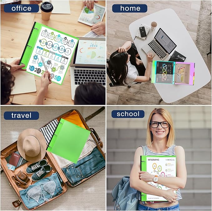 INFUN 1 Inch 3-Ring Telescoping Project Organizer Binder,13 Pocket, Customizable Front Cover, 5 Colors Pocket Divider and Plastic Binder Pocket，225 Sheet Capacity-Green