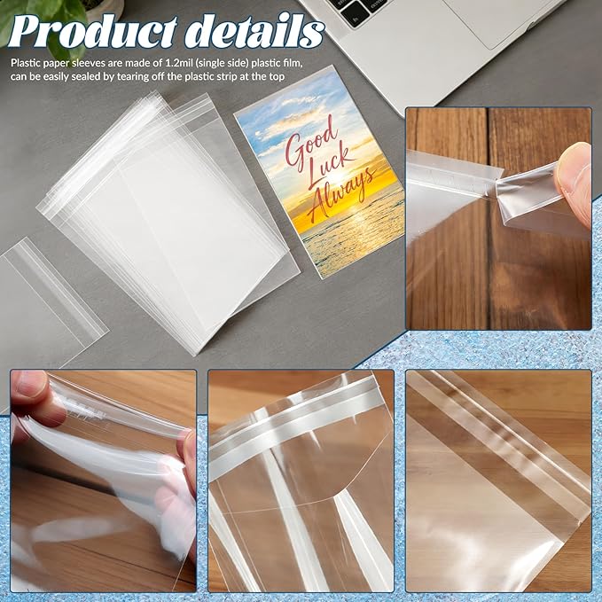 200 Pack Cellophane Bags Self Sealing, Resealable Clear Plastic Sleeves for A2 Greeting Cards and Envelope Photos Art Prints Paintings Cookie Candy, 4-5/8 x 5-3/4 Inch