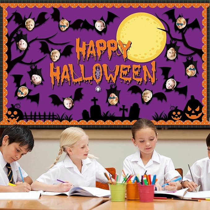Happy Halloween Bulletin Board for Classroom Decoration Bat Pumpkin Tree Bulletin Board Set Bat Cutouts with October Halloween Cemetery Scene for School Classroom Chalkboard Wall Decor