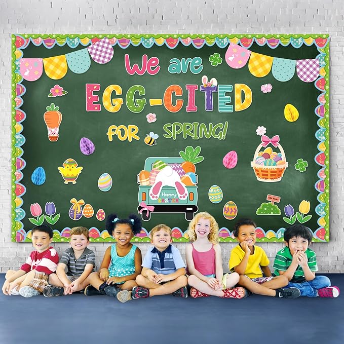 Konsait 67Pcs Easter Bulletin Board Decorations Set, Spring Flowers Borders 3D Eggs Cutouts for School Home Office, Easter Decorations