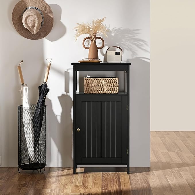 Yaheetech 4-Tier Bathroom Floor Storage Cabinet, Bathroom Free Standing Storage Organizer with Single Door and Adjustable Shelf, Narrow Side Cabinet for Living Room, Kitchen, Hallway, Black