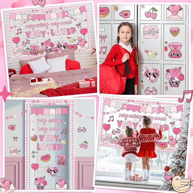 Valentine's Day Bulletin Board Decorations Set Pink Love Heart Paper Cutouts for Happy Valentine's Day Classroom Decorations Valentines Bulletin Board for School Home Classroom Chalkboard Wall Decor