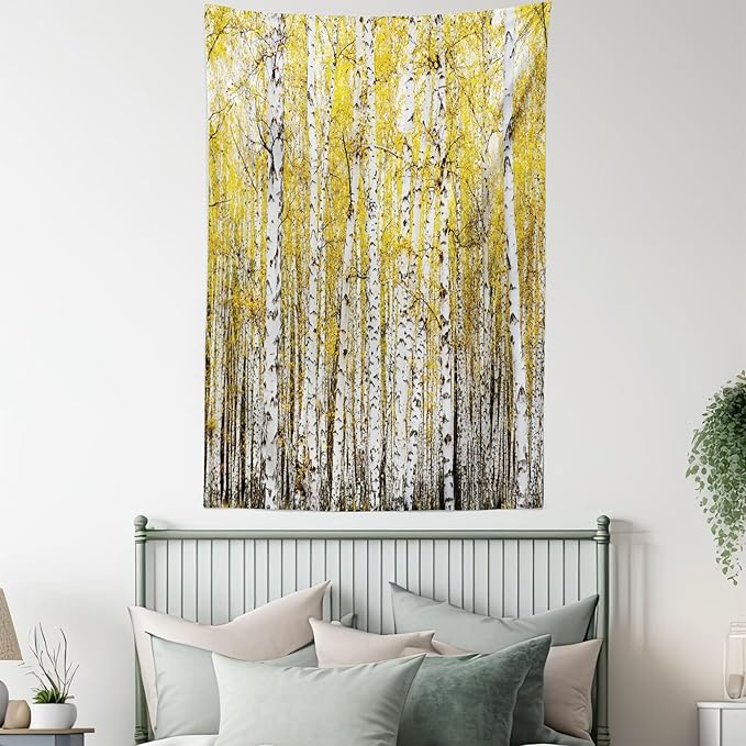 Ambesonne Forest Tapestry Queen Size, Autumn Birch Forest Golden Yellow Leaves Woodland October Seasonal Nature Picture, Wall Hanging Bedspread Bed Cover Wall Decor, 88" X 88", Yellow Grey
