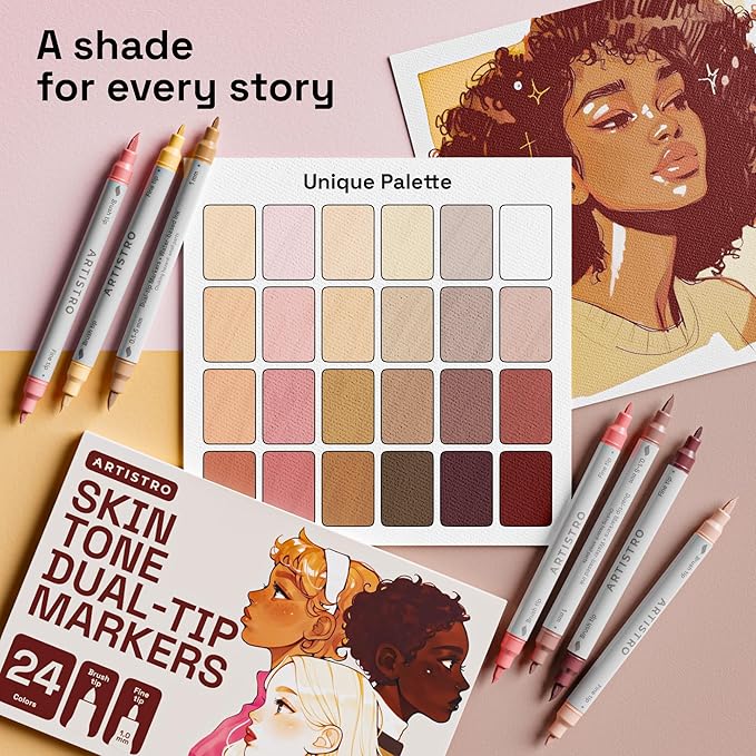 ARTISTRO 24 Skin Tone Acrylic Paint Markers - Paint Pens for Calligraphy, Brush + Fine Tips - For Fabric, Rock, Glass, Wood, DIY, Craft, Canvas - Art and Craft Supplies for Adults, Teens, Kids