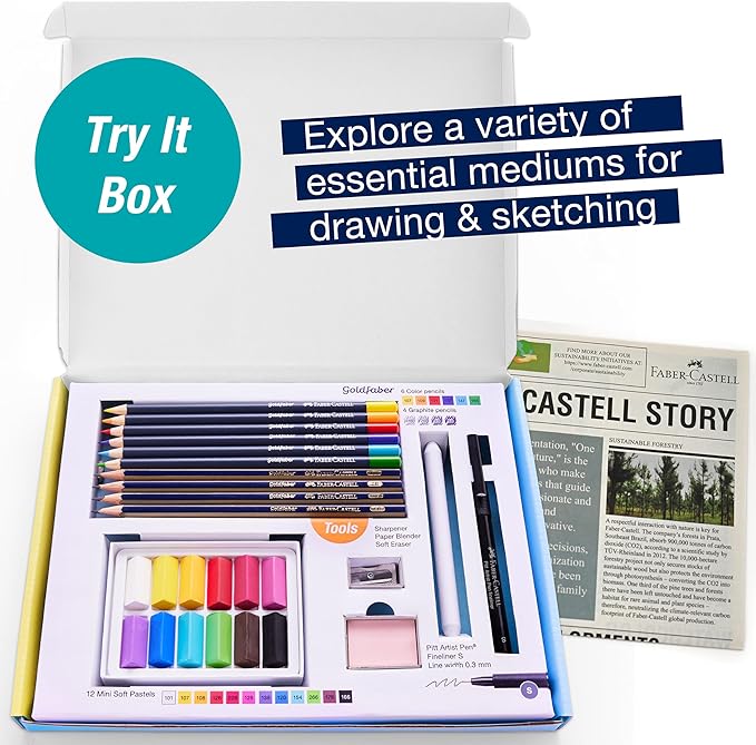 Faber-Castell Try It Box: Dry Mediums, 26 Piece Sketching Coloring Art Set with Colored Pencils, Graphite Pencils, Pastels, Pitt Artist Pen and Art Tools