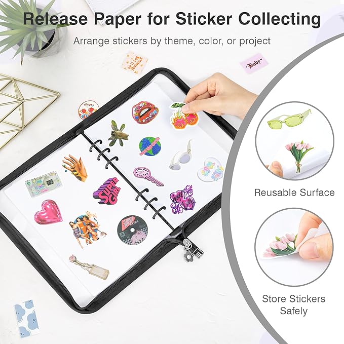 Ospelelf Reusable Sticker Book Stickers Organizer Storage, Zippered A5 Binder Collecting Album, Includes Storage Pockets, Release Paper, Essential for Scrapbook Planner Enthusiasts, Black
